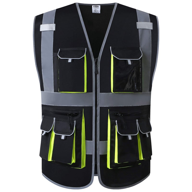 JKSafety 10 Pockets High Visibility Zipper Front Black Safety Vest with High Reflective Strips Meets ANSI/ISEA Standards (Medium, 88-Black) - Image 1